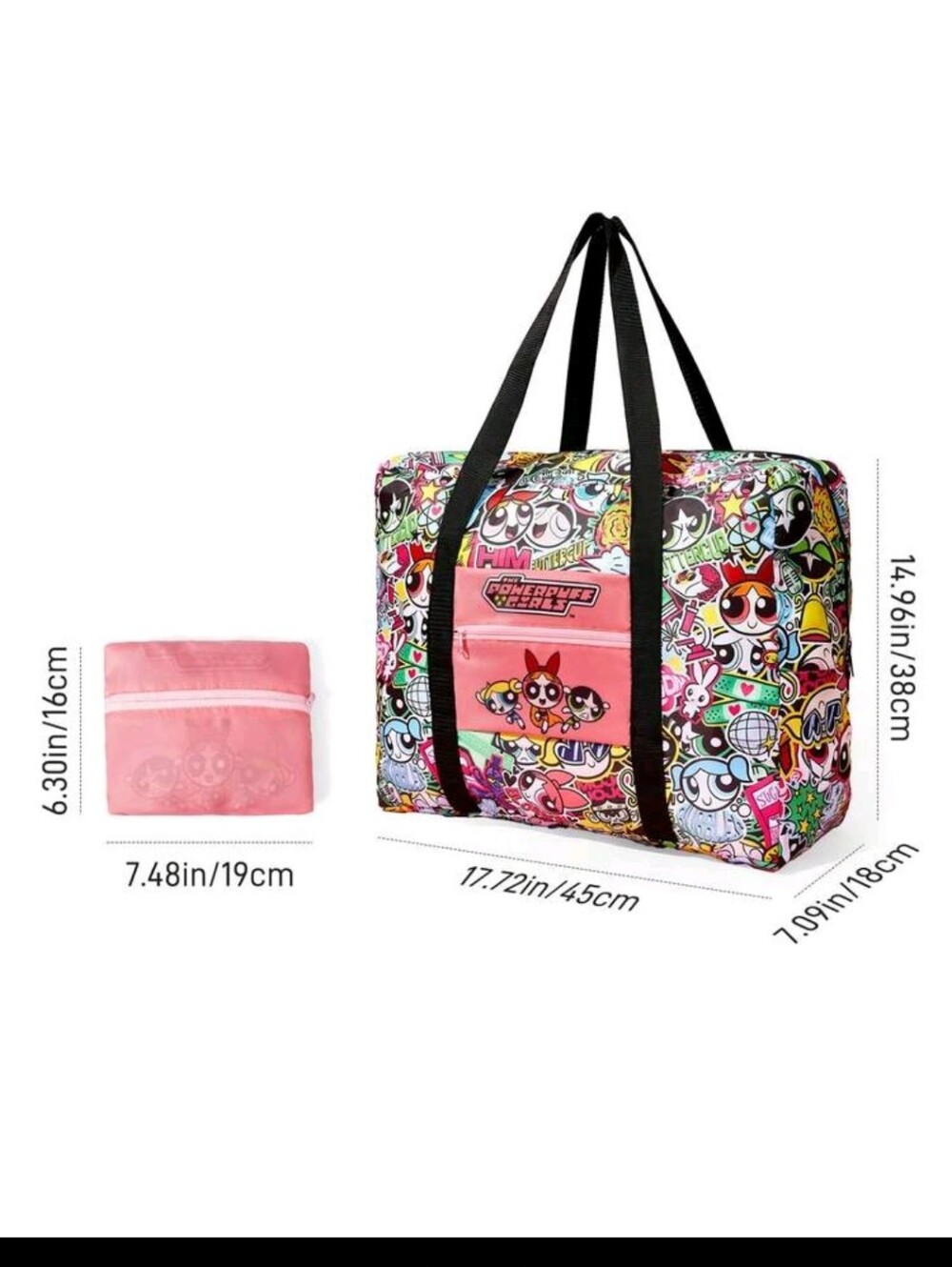 Power Puff Girls Floral Foldable Travel Tote with Red Straps - Picture 6 of 6